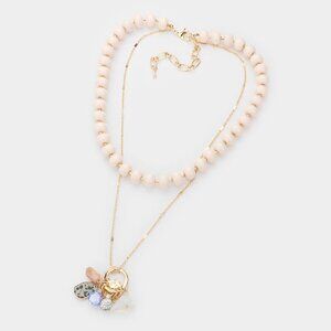 NEW Boho Ivory Gold Neutral Stone Ball Ship Heel Pendant Layered Necklace